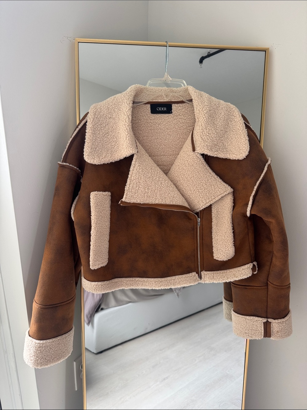 Cider Brown Faux-Suede Shearling-Trim Aviator Jacket